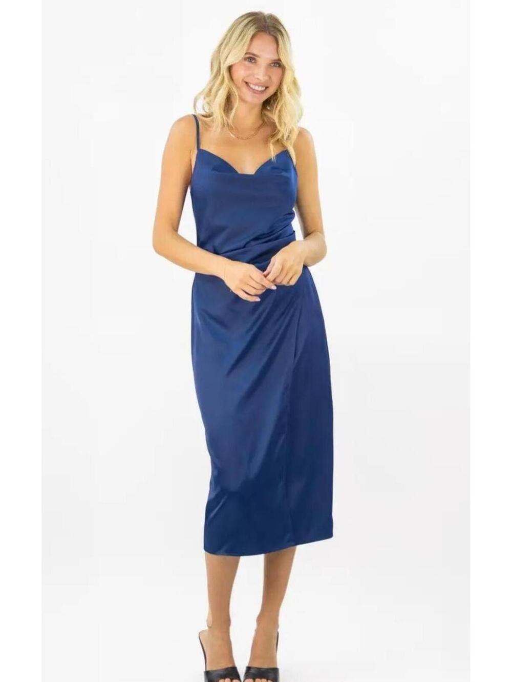 Verte EMMA SLIP DRESS Blue Satin Midi Slip Dress with Spaghetti Straps